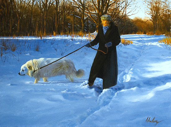oil painting of woman and Great Pyrenees in snow, by John Hulsey